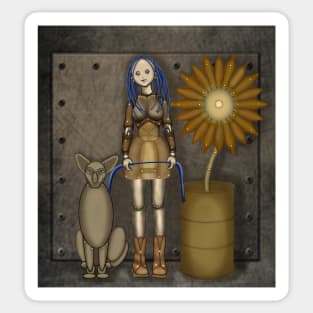 Girl with a cat and a sunflower. Steampunk Sticker